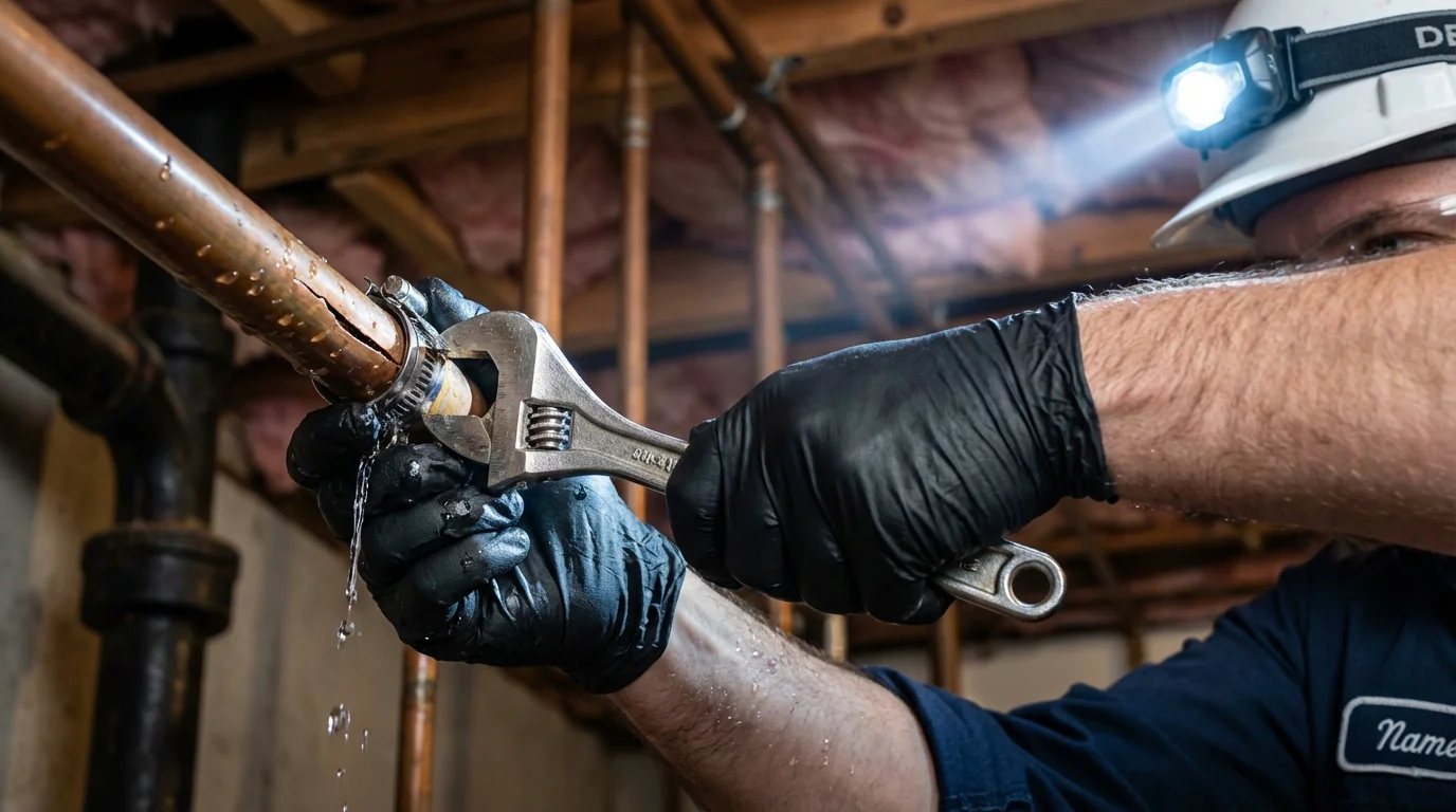 Emergency pipe clamp repair being performed by a Johns Plumbing LLC plumber in Eldorado