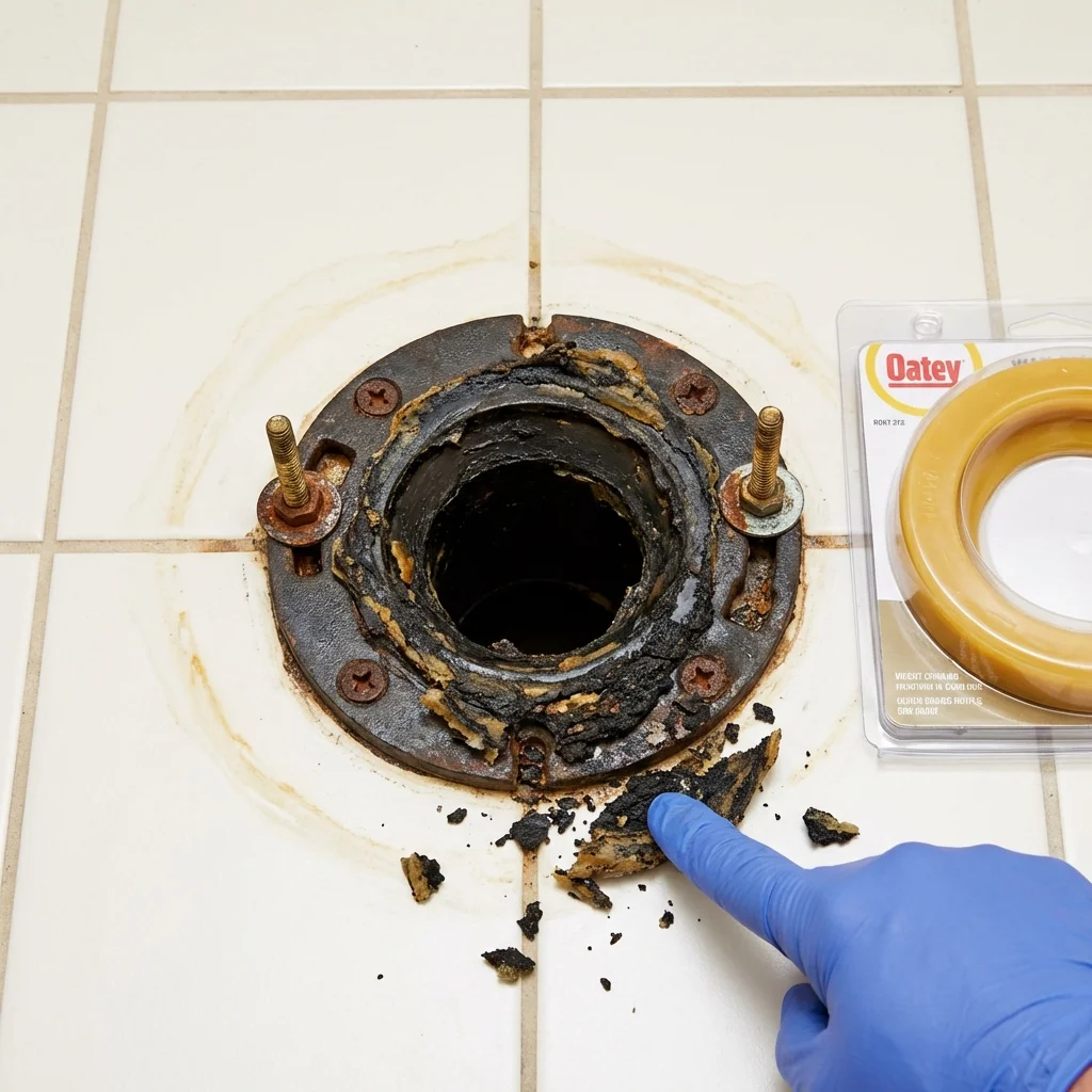 Failed wax ring showing water seepage at the base of a toilet in a Eldorado, IL home