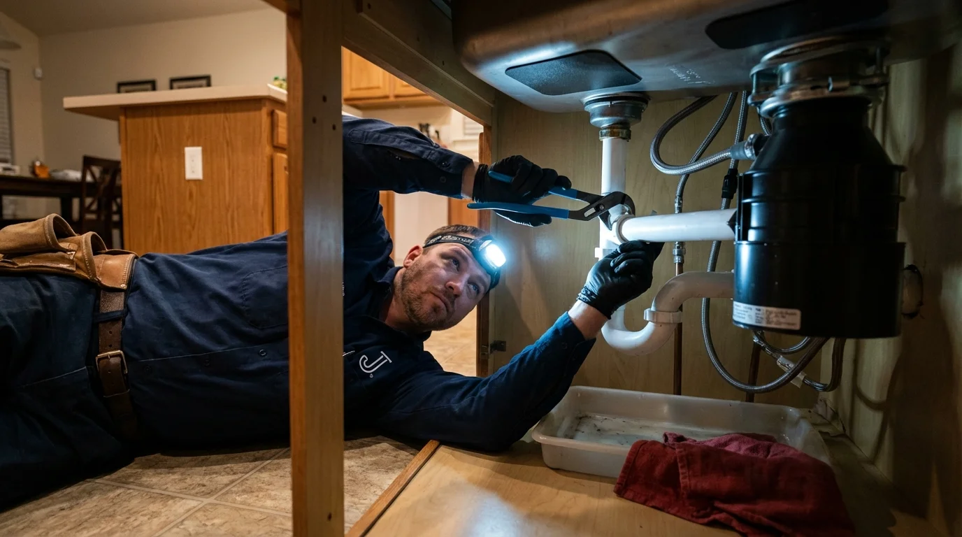 P-trap and supply line connections under a kitchen sink showing a common leak point in Eldorado, IL